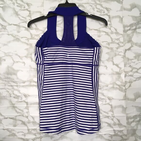 LULULEMON SCOOP NECK STRIPE RACER‎ BACK ATHLETIC WORKOUT TANK TOP BLUE WHITE 10 - Picture 3 of 14